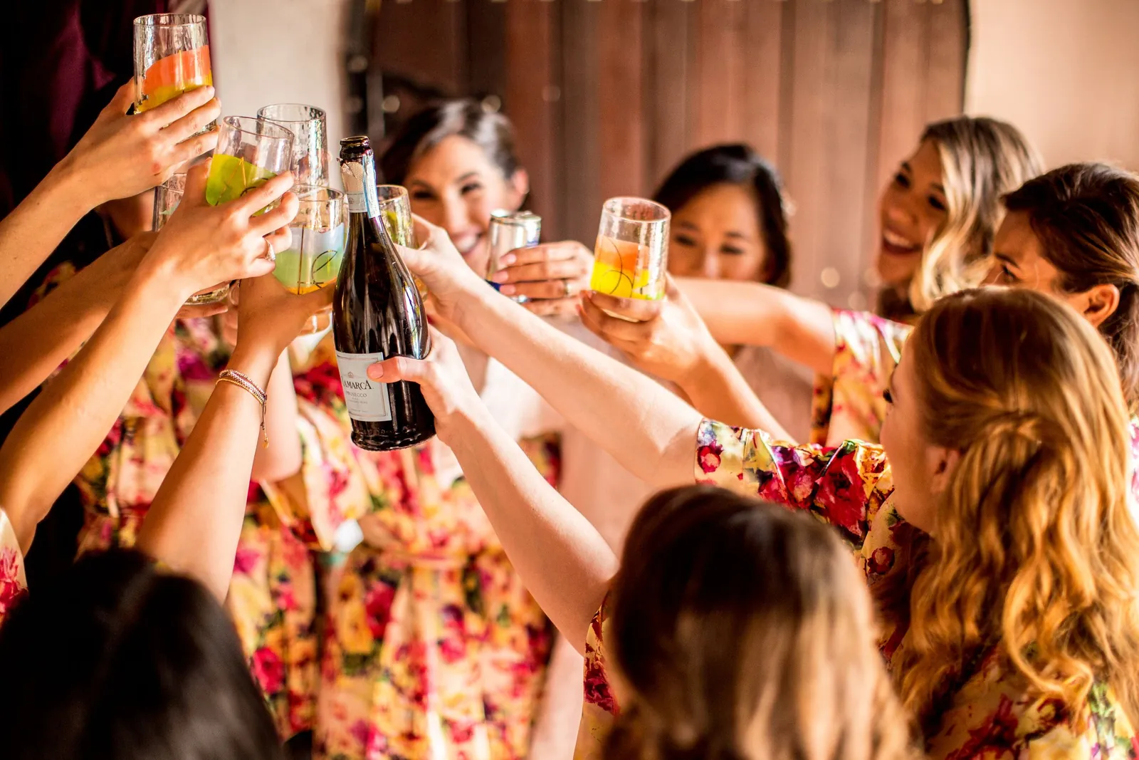 Friends raising their glasses at a hen party