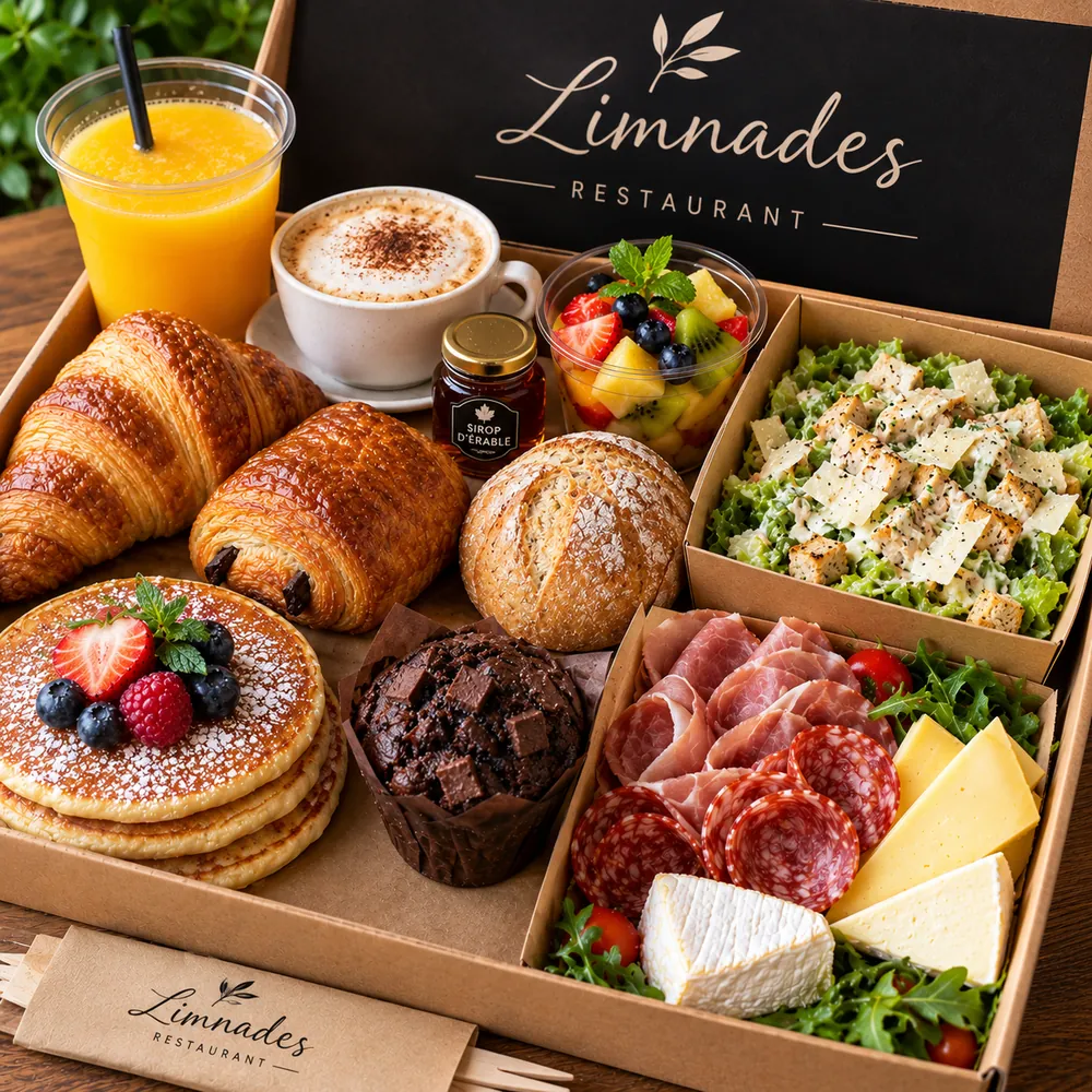 Le brunch du dimanche de Limnades : viennoiseries, pancakes, charcuteries, fromages et fruits frais